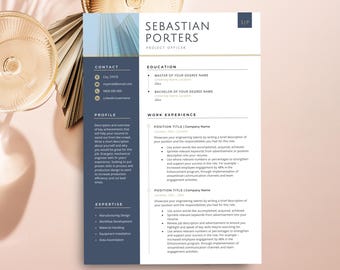 May include: A professional resume template featuring a dark blue sidebar with contact, profile, and expertise sections, and a white main column for education and work experience, headed by the name Sebastian Porters and the title Project Officer.