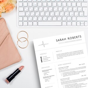 May include: A resume for Sarah Roberts, a Registered Nurse. The resume includes contact information, education, work experience, and expertise. The resume is designed with a minimalist aesthetic and features a heartbeat graphic.