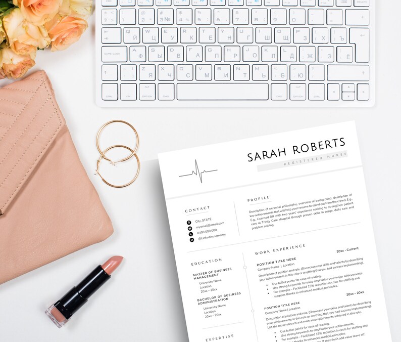 May include: A resume for Sarah Roberts, a Registered Nurse. The resume includes contact information, education, work experience, and expertise. The resume is designed with a minimalist aesthetic and features a heartbeat graphic.