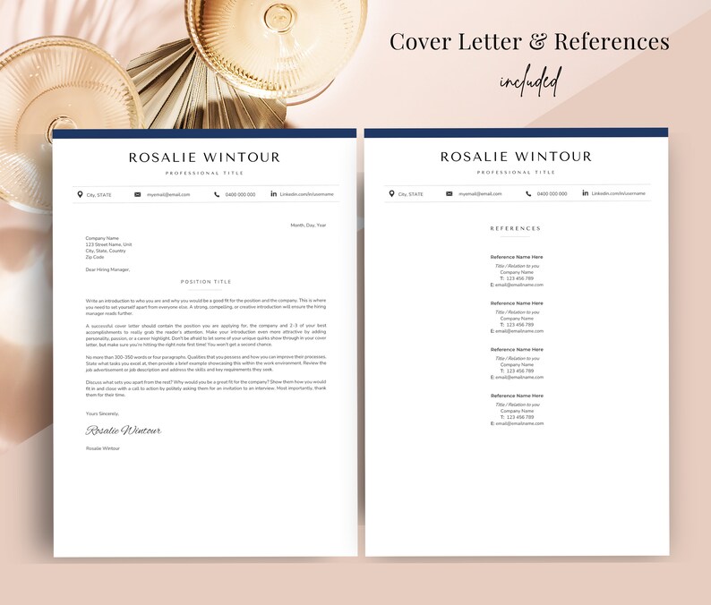 May include: A two-page document with a cover letter and references for Rosalie Wintour. The cover letter is a template with a professional title, contact information, and a sample letter. The references page includes a list of references with their titles, companies, phone numbers, and email addresses.