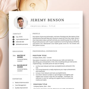 May include: A black and white resume template with a professional headshot of a man. The resume includes contact information, a profile section, education, experience, and expertise. The text on the resume is in a simple, clean font.