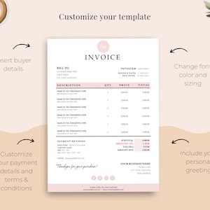 Invoice Template next to coffee highlighting sections to edit on the template.