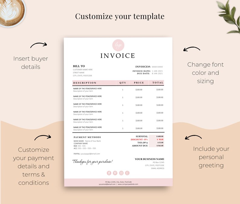 Invoice Template next to coffee highlighting sections to edit on the template.
