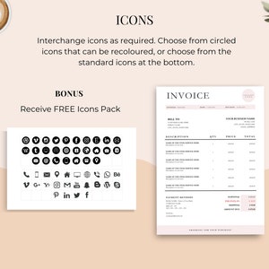Soft pink and white Invoice Template on top of a white desk, computer and notebook.