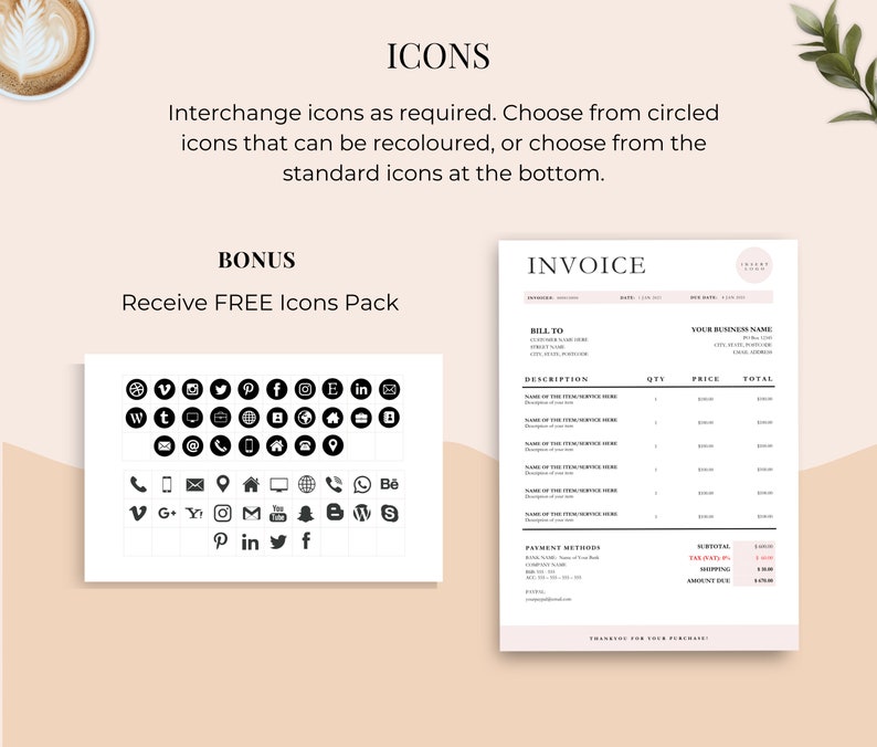 Soft pink and white Invoice Template on top of a white desk, computer and notebook.
