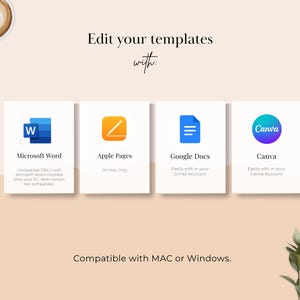 K&ouml;nnte beinhalten: Eine digitale Grafik mit dem Text Edit your templates with: gefolgt von vier wei&szlig;en Quadraten mit Symbolen f&uuml;r Microsoft Word, Apple Pages, Google Docs und Canva. Darunter steht der Text Compatible with MAC or Windows.