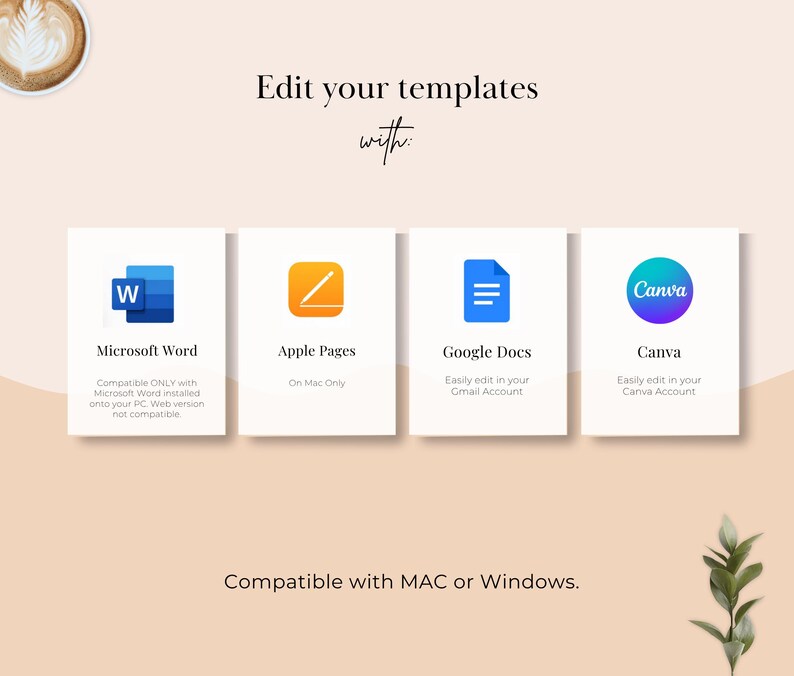 K&ouml;nnte beinhalten: Eine digitale Grafik mit dem Text Edit your templates with: gefolgt von vier wei&szlig;en Quadraten mit Symbolen f&uuml;r Microsoft Word, Apple Pages, Google Docs und Canva. Darunter steht der Text Compatible with MAC or Windows.