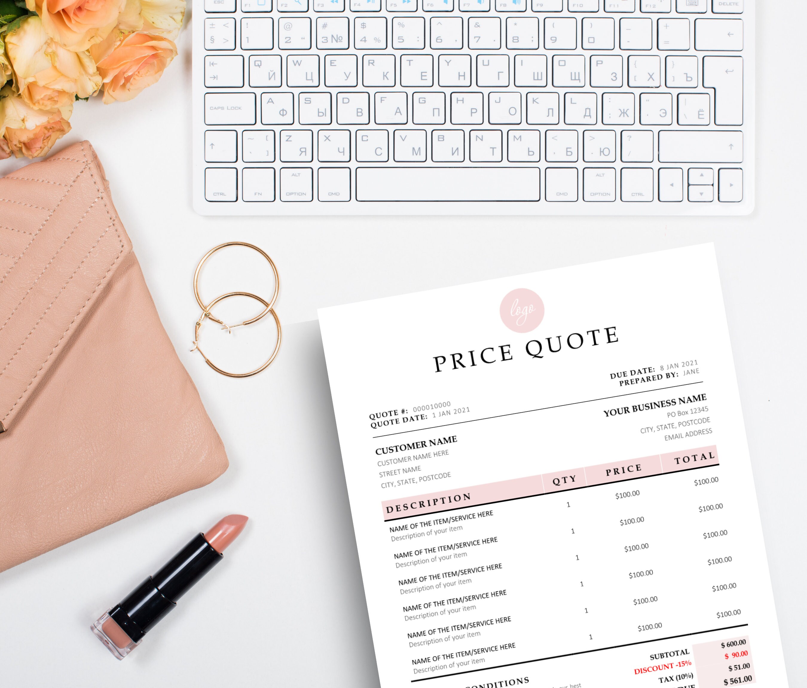 Quote Template, Editable Quotation Template, Quote Form, Small Business Invoice Order Form