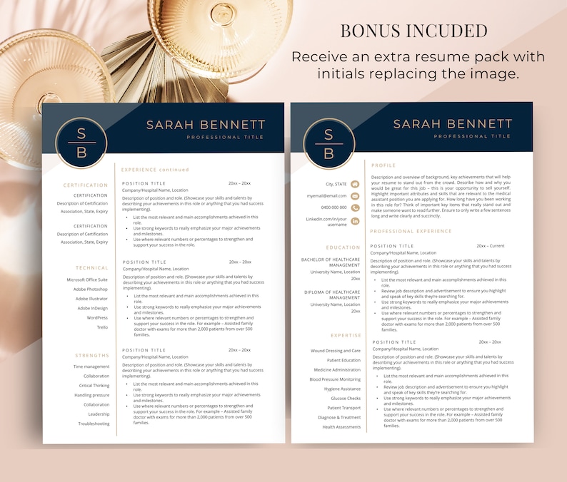 Also included Cover Letter and Reference Letter, laying next to a champagne glass sitting on a nude/beige table.