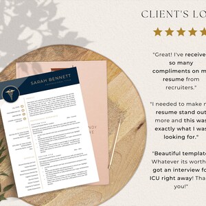 Resume template laying on top of magazine and round board with 5 star positive reviews.
