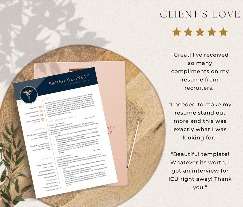 Resume template laying on top of magazine and round board with 5 star positive reviews.