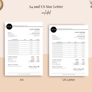 May include: Two invoice templates, one A4 size and one US Letter size, are displayed. The invoices are white with black text, featuring the "Wedding Boutique & Co" logo. The text "A4 and US Size Letter included" is at the top.