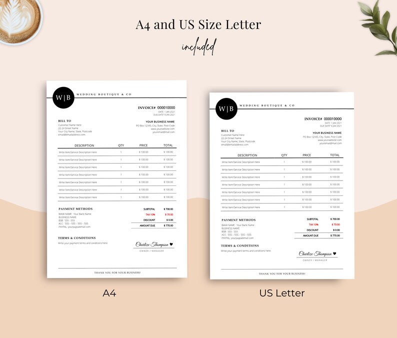 May include: Two invoice templates, one A4 size and one US Letter size, are displayed. The invoices are white with black text, featuring the "Wedding Boutique & Co" logo. The text "A4 and US Size Letter included" is at the top.