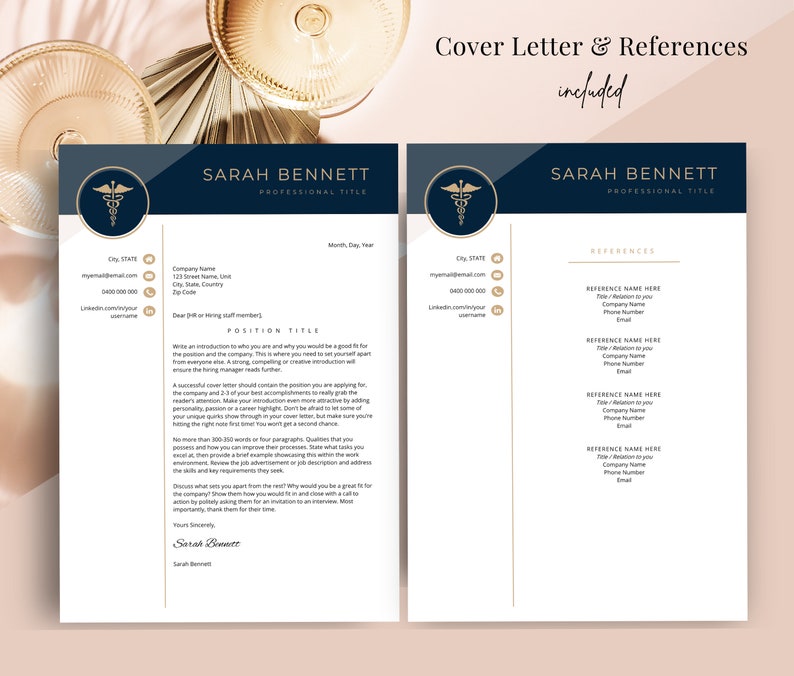 Also included Cover Letter and Reference Letter, laying next to a champagne glass sitting on a nude/beige table.