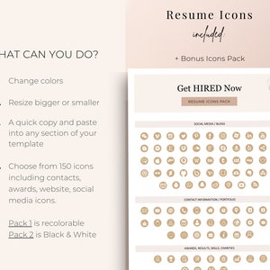 Puede incluir: Un gr&aacute;fico que muestra un conjunto de 150 iconos de curr&iacute;culum, que incluyen redes sociales, informaci&oacute;n de contacto, premios y habilidades. Los iconos son de color beige y est&aacute;n dispuestos en una cuadr&iacute;cula. El texto "Get HIRED Now" est&aacute; en la parte superior del gr&aacute;fico.