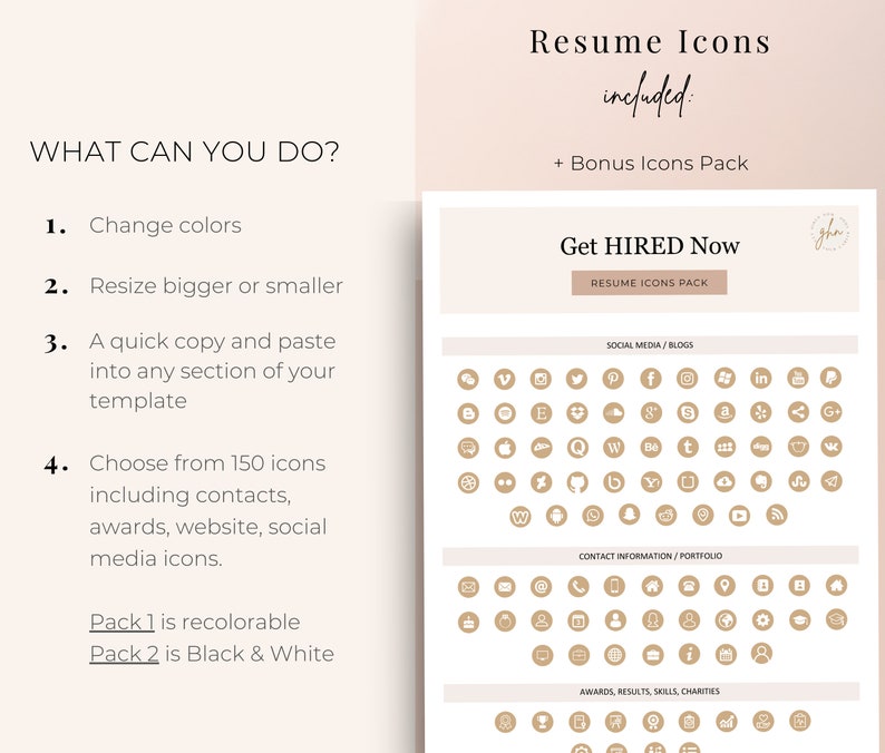 Puede incluir: Un gr&aacute;fico que muestra un conjunto de 150 iconos de curr&iacute;culum, que incluyen redes sociales, informaci&oacute;n de contacto, premios y habilidades. Los iconos son de color beige y est&aacute;n dispuestos en una cuadr&iacute;cula. El texto "Get HIRED Now" est&aacute; en la parte superior del gr&aacute;fico.
