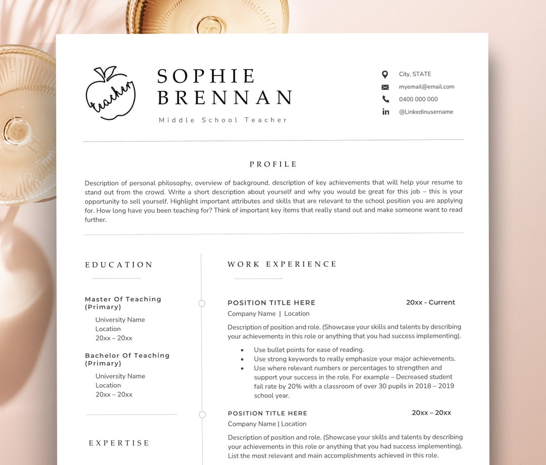 Teacher Resume Template for Word, Elementary School Resume, Teacher CV ...