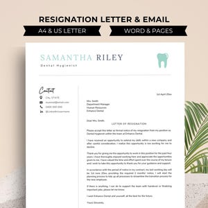 May include: A resignation letter template for a dental hygienist. The letter is written in a professional and formal tone and includes a contact section with the hygienist's name, address, email, phone number, and LinkedIn profile. The letter also includes a section for the recipient's name and title, as well as a date.