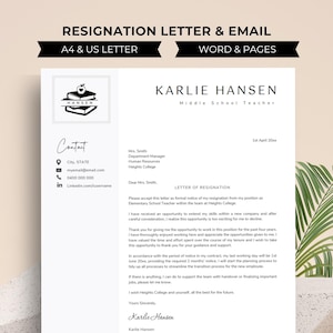 May include: A black and white resignation letter template for a middle school teacher. The template includes a contact section with an email address, phone number, and LinkedIn profile link. The letter includes a formal resignation letter with the date, recipient name, and the teacher's name and title.