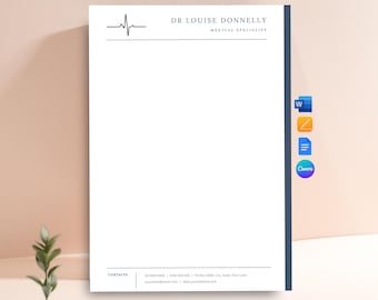 Könnte beinhalten: Eine weiße medizinische Briefkopfvorlage mit einem dunkelblauen vertikalen Seitenrand, einer EKG-Herzschlag-Grafik und dem Text DR LOUISE DONNELLY MEDICAL SPECIALIST. Unten befindet sich ein Kontaktbereich mit Platzhalterinformationen.