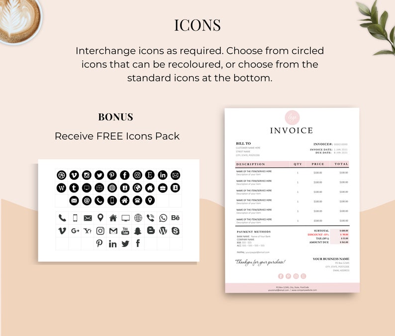 Added bonus recolorable address and social media icons included in the purchase laying next to invoice.