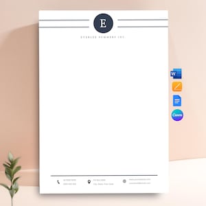 K&ouml;nnte beinhalten: Eine wei&szlig;e Briefkopfvorlage mit einem dunkelblauen kreisf&ouml;rmigen Logo mit dem Buchstaben E, horizontalen Linien und dem Text Everlee Sommers Inc. Unten befinden sich Kontaktsymbole f&uuml;r Telefon, Adresse, Website und E-Mail-Platzhalter.
