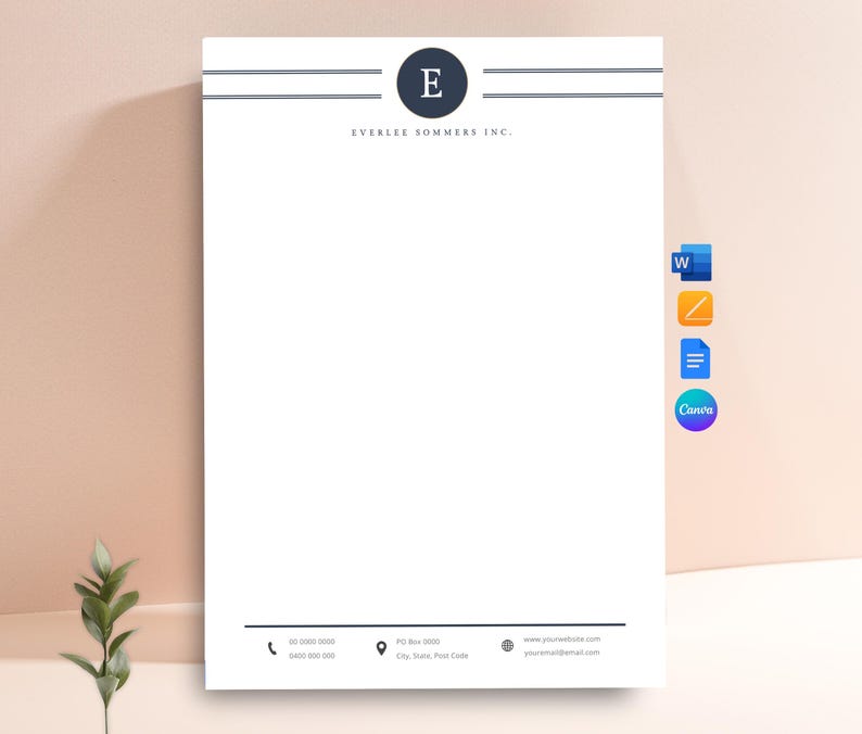 K&ouml;nnte beinhalten: Eine wei&szlig;e Briefkopfvorlage mit einem dunkelblauen kreisf&ouml;rmigen Logo mit dem Buchstaben E, horizontalen Linien und dem Text Everlee Sommers Inc. Unten befinden sich Kontaktsymbole f&uuml;r Telefon, Adresse, Website und E-Mail-Platzhalter.