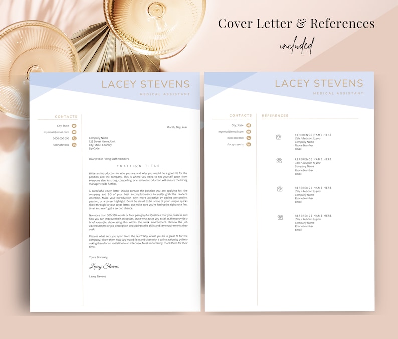 Puede incluir: Una plantilla de carta de presentaci&oacute;n azul claro y blanco con detalles dorados. La plantilla incluye una secci&oacute;n para la informaci&oacute;n de contacto, una carta de presentaci&oacute;n y una secci&oacute;n para referencias. El texto "Cover Letter & References included" est&aacute; en la parte superior de la p&aacute;gina.