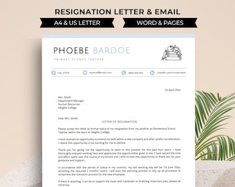 Employment Resignation Letter, Teacher Letter of Resignation, Resignation Letter Template,  Two Weeks Notice Letter, Resignation Email