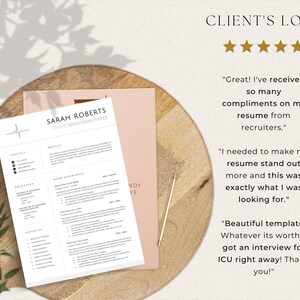 May include: A five-star review for a resume template. The review highlights the positive feedback received from recruiters and the effectiveness of the template in helping the user stand out. The review also mentions the user's satisfaction with the template's design and its contribution to securing an interview.