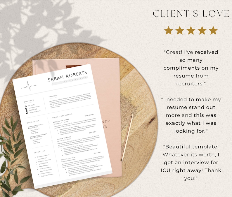 May include: A five-star review for a resume template. The review highlights the positive feedback received from recruiters and the effectiveness of the template in helping the user stand out. The review also mentions the user's satisfaction with the template's design and its contribution to securing an interview.