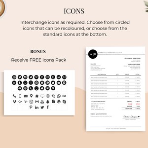 May include: A digital design layout featuring a wedding boutique invoice, social media icons, and the text "ICONS" and "BONUS". The invoice includes fields for customer details, service descriptions, and payment methods. The icons are black and white.