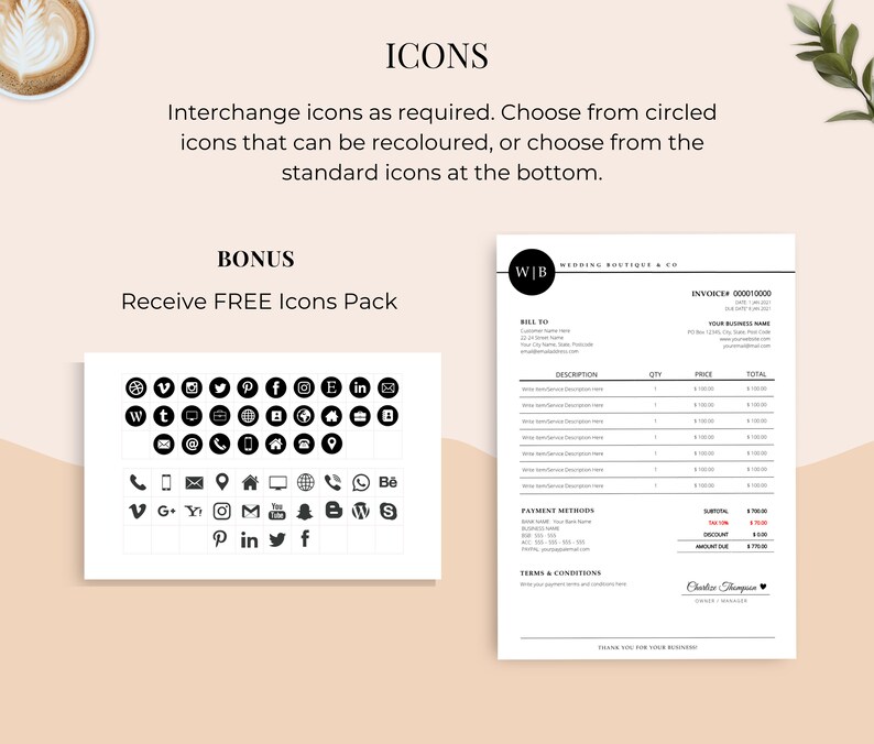 May include: A digital design layout featuring a wedding boutique invoice, social media icons, and the text "ICONS" and "BONUS". The invoice includes fields for customer details, service descriptions, and payment methods. The icons are black and white.