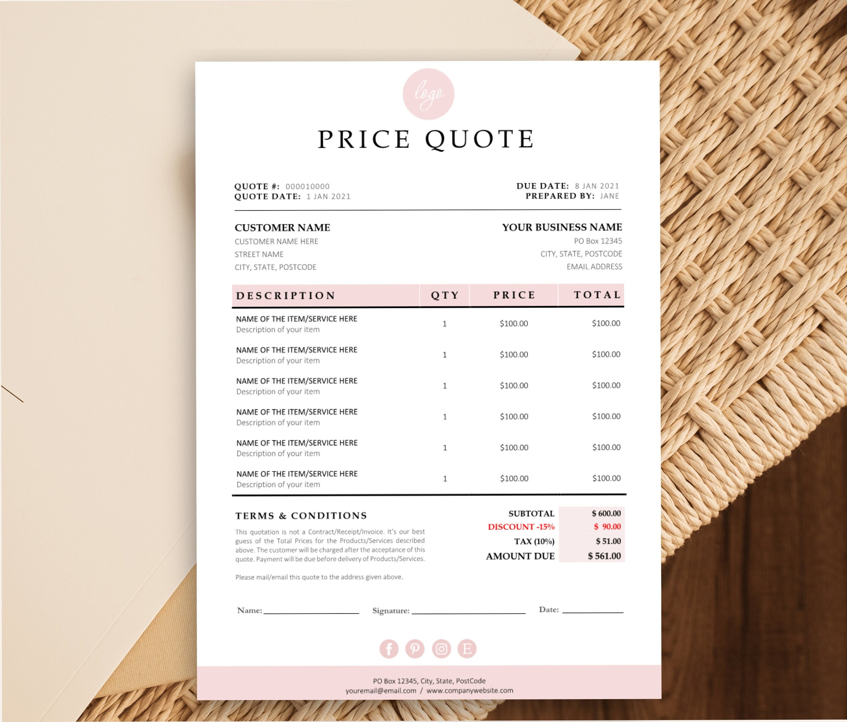 Quote Template, Editable Quotation Template, Quote Form, Small Business Invoice Order Form, Price Quotation Template, Job Estimate Form