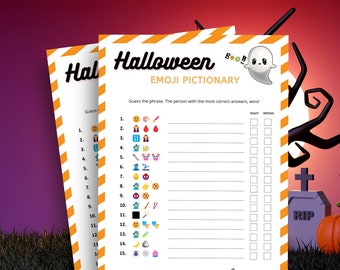 May include: A printable Halloween emoji game with 15 emoji clues and a space for players to write their guesses. The game includes a section for players to mark their answers as right or wrong. The game is decorated with a ghost and the words "Halloween Emoji Pictionary".