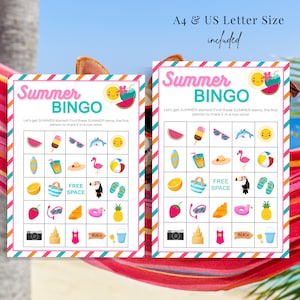 May include: Two printable summer bingo cards with a pink and blue striped border. The cards feature summer themed images like watermelon, sunglasses, a flamingo, a surfboard, a pineapple, a beach bucket, and a beach ball. The text on the cards reads "Summer Bingo" and "Let's get summer started! Find these summer items, the first person to mark 5 in a row wins!"