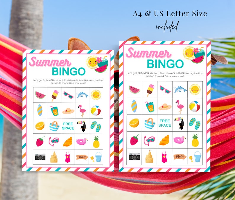 May include: Two printable summer bingo cards with a pink and blue striped border. The cards feature summer themed images like watermelon, sunglasses, a flamingo, a surfboard, a pineapple, a beach bucket, and a beach ball. The text on the cards reads "Summer Bingo" and "Let's get summer started! Find these summer items, the first person to mark 5 in a row wins!"