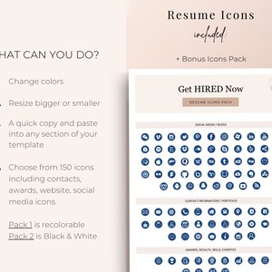 May include: A graphic with the text "Resume Icons included: + Bonus Icons Pack" and "Get HIRED Now RESUME ICONS PACK". The graphic shows a collection of blue icons for social media, contact information, awards, results, skills, and charities.