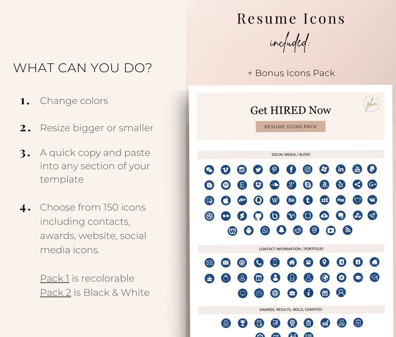 May include: A graphic with the text "Resume Icons included: + Bonus Icons Pack" and "Get HIRED Now RESUME ICONS PACK". The graphic shows a collection of blue icons for social media, contact information, awards, results, skills, and charities.