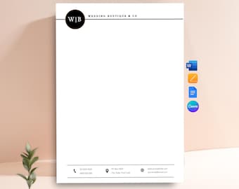 Könnte beinhalten: Eine weiße Briefkopfvorlage mit einem schwarzen kreisförmigen Logo mit den Buchstaben W|B und dem Text WEDDING BOUTIQUE & CO. Das Design enthält eine horizontale Linie oben und unten sowie Kontakt-Icons und Platzhaltertext.