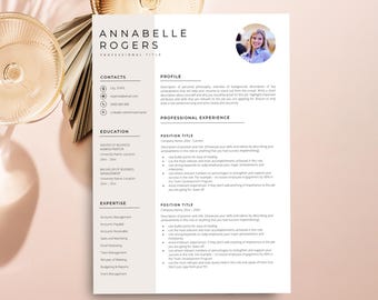 May include: A professional resume template featuring a two-column layout with a beige sidebar. The header displays the name Annabelle Rogers, followed by sections for contacts, education, expertise, profile, and professional experience.