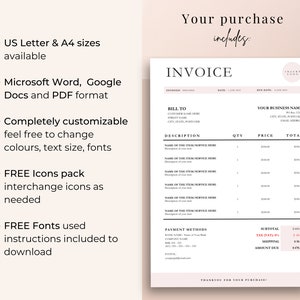 Invoice template image with what is included in your purchase – US Letter Size, A4, Microsoft Word & Excel template, Icons Pack, Free Fonts.