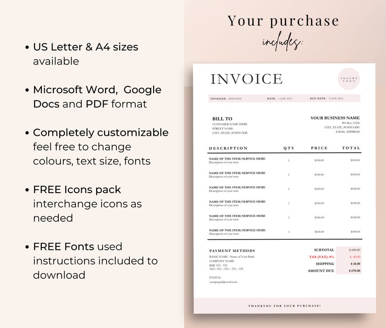 Invoice template image with what is included in your purchase – US Letter Size, A4, Microsoft Word & Excel template, Icons Pack, Free Fonts.