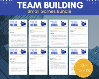 May include: A bundle of 20 team-building small games. The image features a blue and white design with the words "TEAM BUILDING" and "Small Games Bundle". Each game card has a title and instructions. A yellow circle displays "20 GAMES".