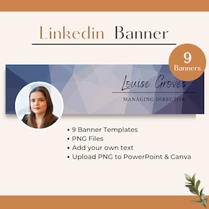 Könnte beinhalten: Ein blauer und violetter geometrischer Hintergrund mit einem Kopfbild einer Frau in einem Kreis. Der Text "Louise Groves" ist in Kursivschrift geschrieben und der Text "MANAGING DIRECTOR" in Großbuchstaben. Der Text "9 Banner Templates", "PNG Files", "Add your own text" und "Upload PNG to PowerPoint & Canva" sind unter dem Kopfbild aufgelistet. Der Text "9 Banners" befindet sich in einem Kreis mit braunem Hintergrund.