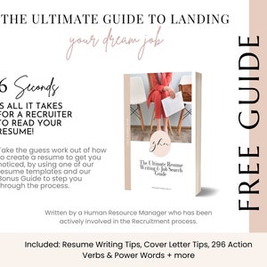 Puede incluir: Un gr&aacute;fico rosa y blanco con el texto "The Ultimate Guide to Landing Your Dream Job" y "6 Seconds is all it takes for a recruiter to read your resume!" El gr&aacute;fico tambi&eacute;n incluye una portada de libro con el texto "The Ultimate Resume Writing & Job Search Guide".