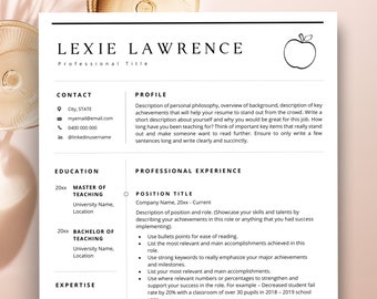 Teacher Resume Template for Word, Elementary School Resume, Teacher CV Template, Teaching Resume, Educator Resume, Education Resume