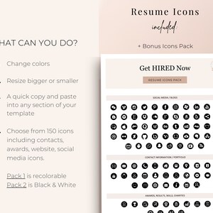 May include: A graphic showing a set of 150 resume icons, including social media, contact information, awards, and skills. The icons are black and white and can be resized and recolored. The text "Get HIRED Now" is at the top of the graphic.