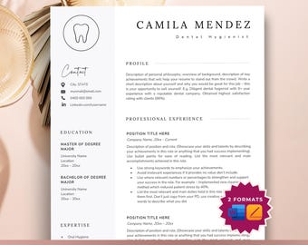 Dental Hygienist Resume Template, Dental Assistant Resume for Word, Resume for Dentists, Dental Receptionist Resume, Hygienist Resume