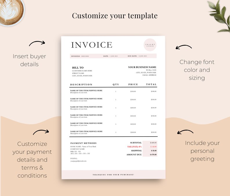 Invoice Template next to coffee highlighting sections to edit on the template.